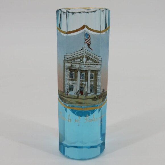 VTG Bank of Sheboygan Clear Blue Glass Gold Trim Shot Glass Souvenir Wisconsin - Picture 10 of 11